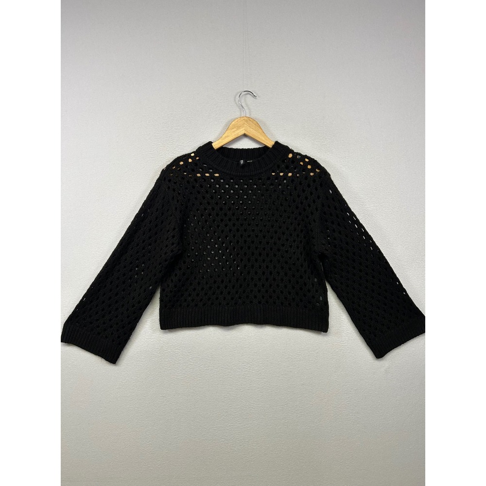 H&M Divided Boho Grunge Women M Black Open Knit Crochet Crew Neck Sweater